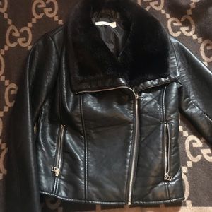 Black faux Leather Jacket with fur collar